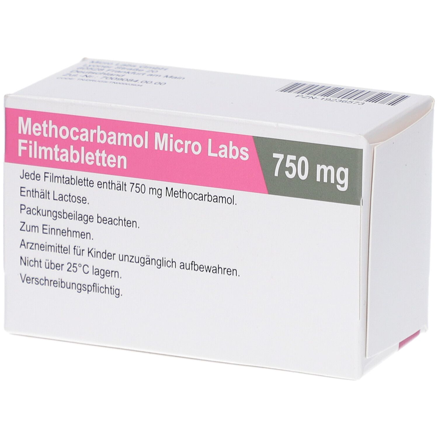 Weiße Schachtel mit Text. Aufschrift: Methocarbamol Micro Labs 750 mg. Enthält Lactose. Packungsbeilage beachten.