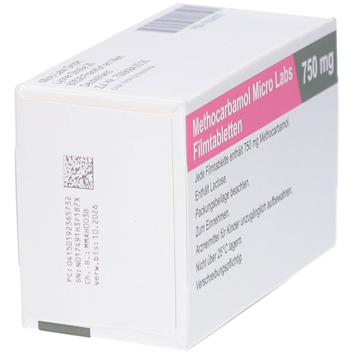 Weiße Schachtel, schräg gestellt. Aufschrift: Methocarbamol Micro Labs 750 mg. Text und Barcode.