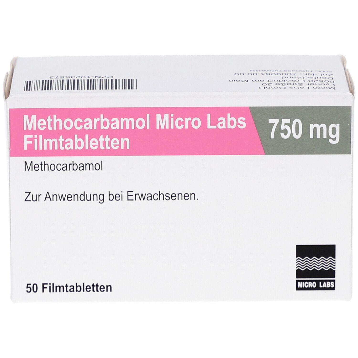 Weiße Schachtel mit rosa und grünem Streifen. Aufschrift: Methocarbamol Micro Labs 750 mg Filmtabletten. 50 Filmtabletten.