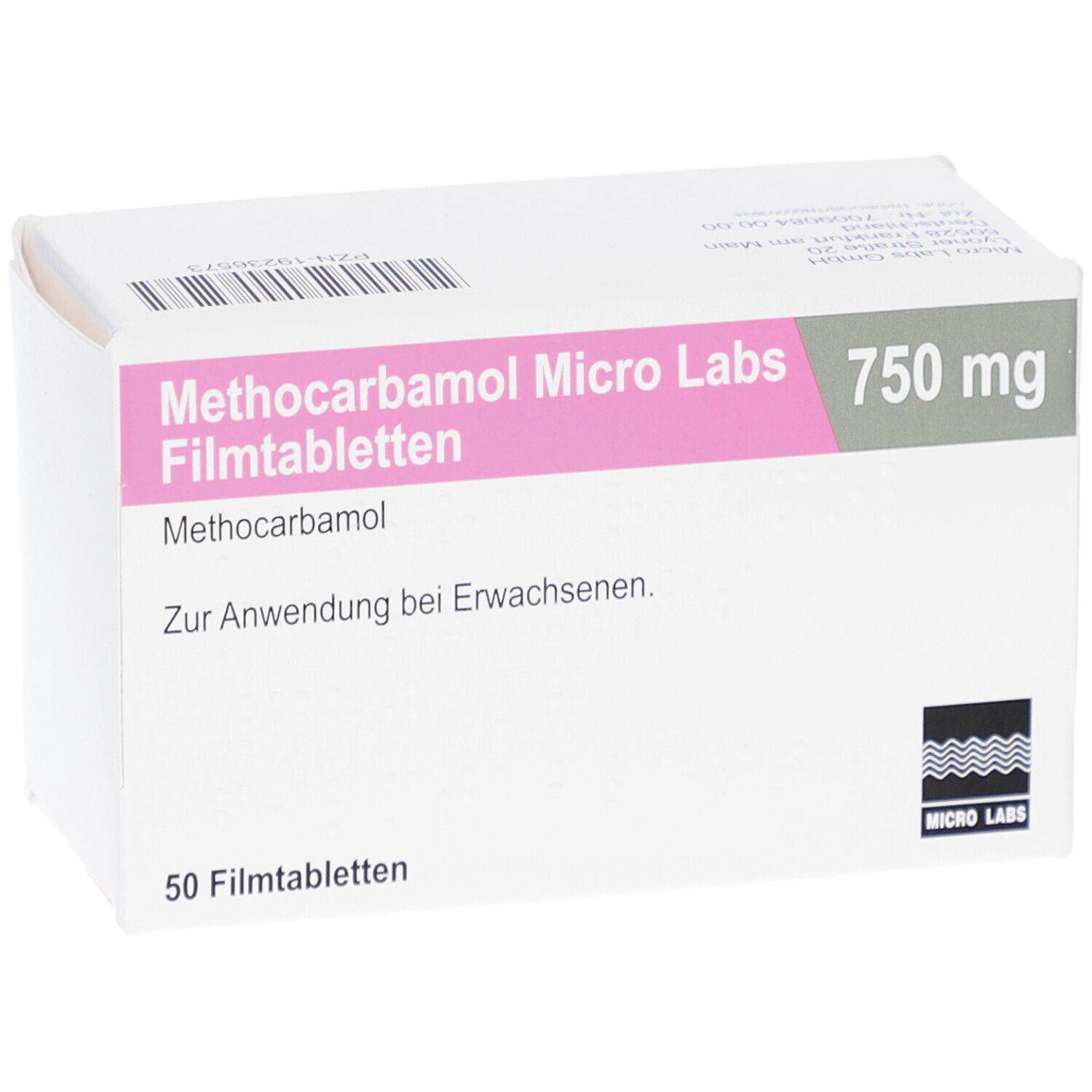 Weiße Schachtel mit rosa und grünem Streifen. Aufschrift: Methocarbamol Micro Labs 750 mg Filmtabletten. 50 Filmtabletten.