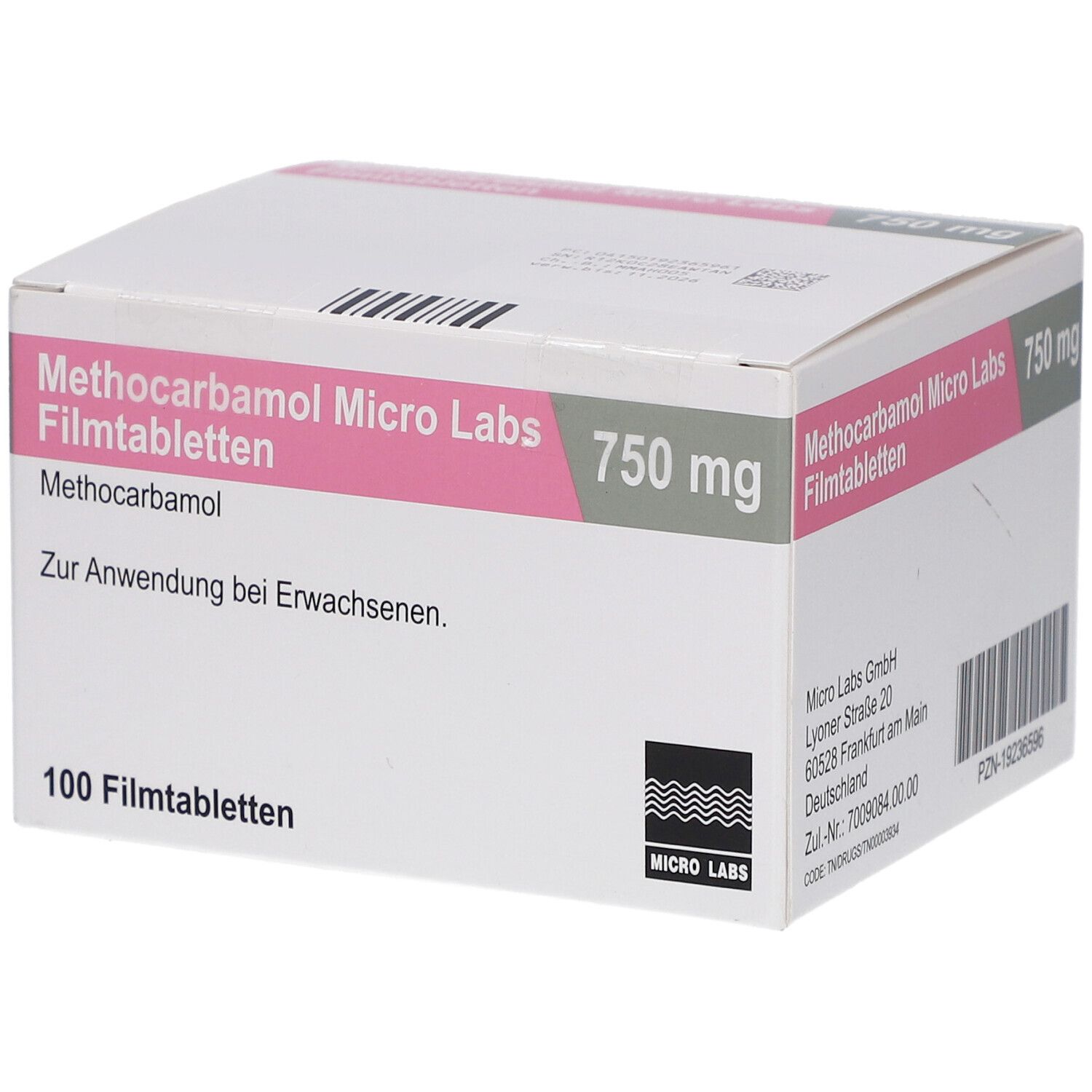 Schachtel mit Methocarbamol Micro Labs 750 mg Filmtabletten. Rosa und graue Schriftfelder. 100 Filmtabletten.