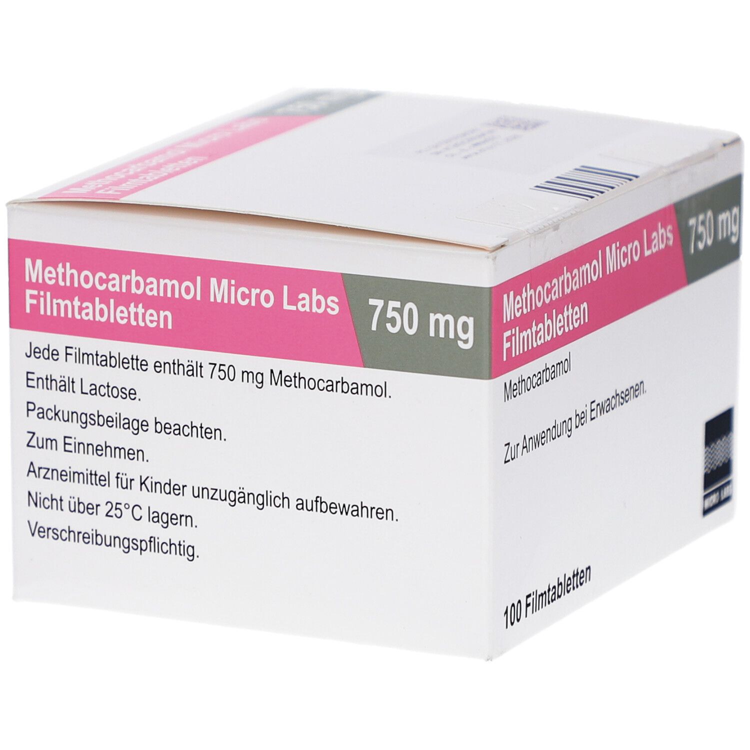 Schachtel mit Methocarbamol Micro Labs 750 mg Filmtabletten. Textfelder mit Inhaltsangaben. 100 Filmtabletten.