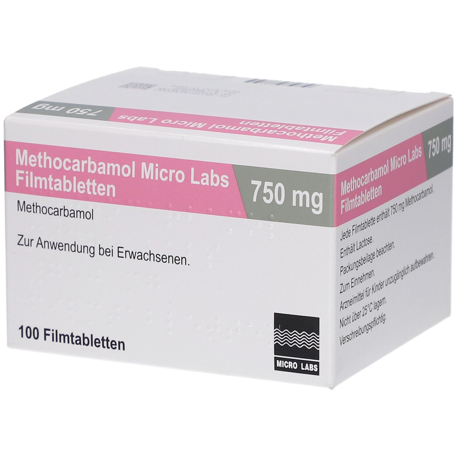 Schachtel mit Methocarbamol Micro Labs 750 mg Filmtabletten. Textfelder mit Inhaltsangaben. 100 Filmtabletten.