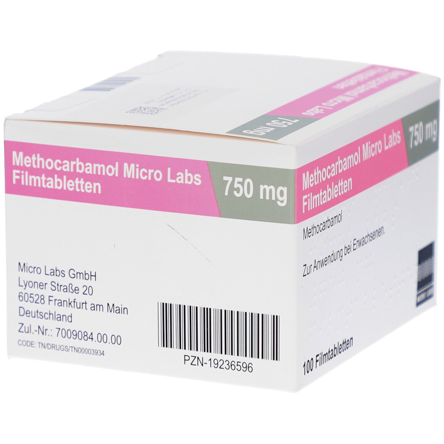 Schachtel mit Methocarbamol Micro Labs 750 mg Filmtabletten. Barcode und Adresse. 100 Filmtabletten.