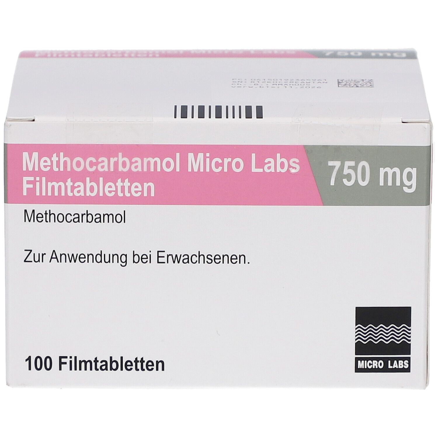 Schachtel mit Methocarbamol Micro Labs 750 mg Filmtabletten. Rosa und graue Schriftfelder. 100 Filmtabletten.