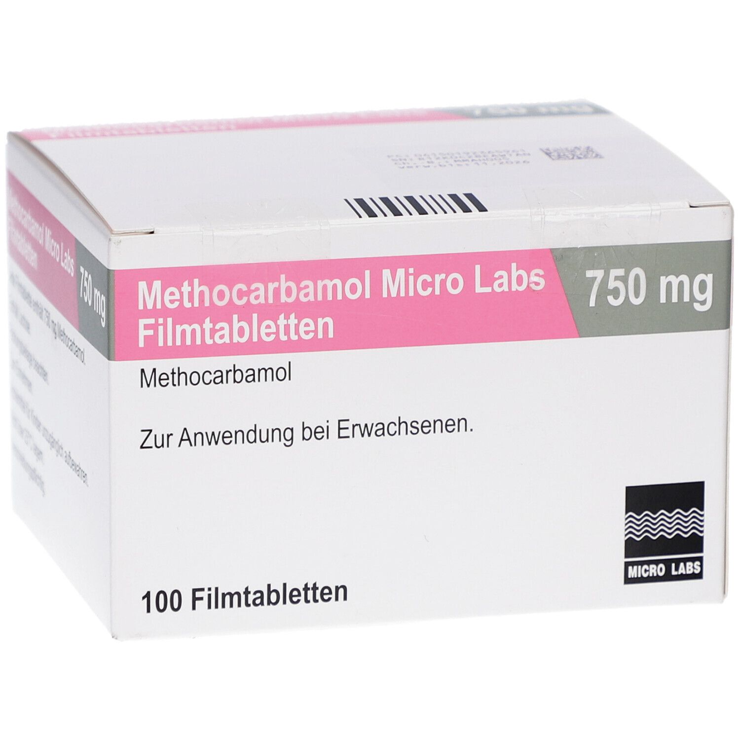Schachtel mit Methocarbamol Micro Labs 750 mg Filmtabletten. Rosa und graue Schriftfelder. 100 Filmtabletten.