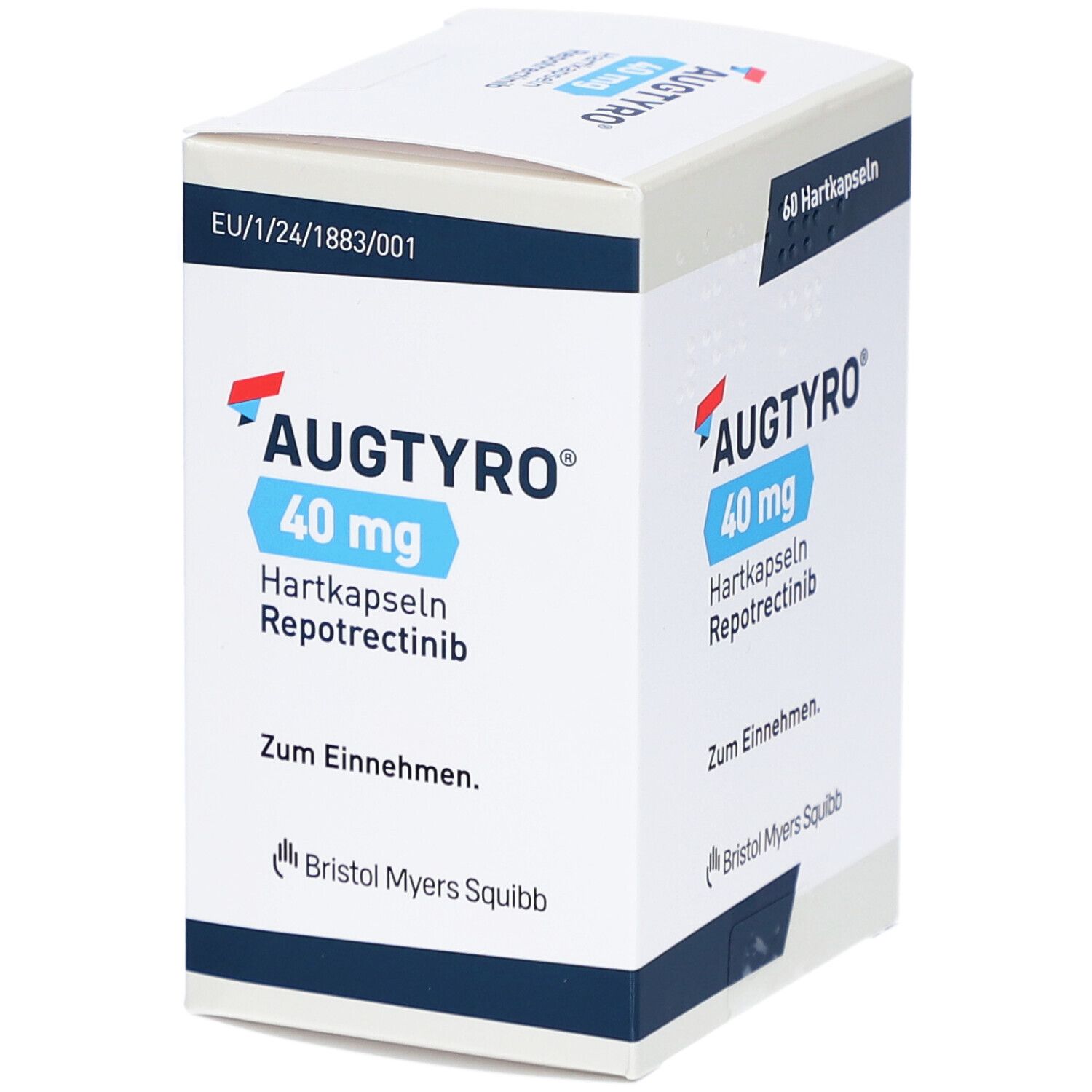 Karton AUGTYRO 40 mg Hartkapseln. Aufschrift: 60 Hartkapseln, Bristol Myers Squibb. EU-Kennzeichnung. Blaue und rote Akzente.