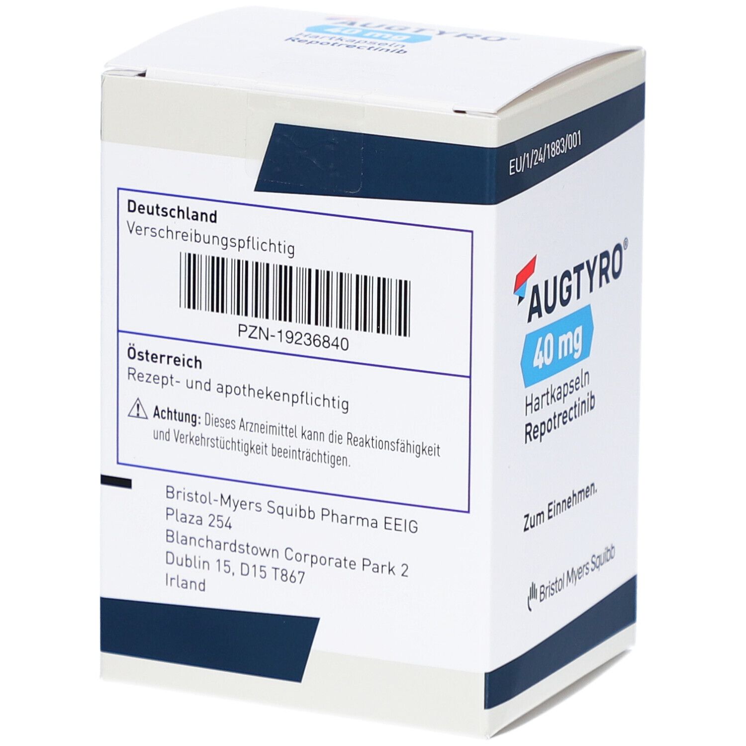 Karton AUGTYRO 40 mg Hartkapseln. Aufschrift: Verschreibungspflichtig, PZN-19236840, Bristol Myers Squibb. Blaue und rote Akzente.