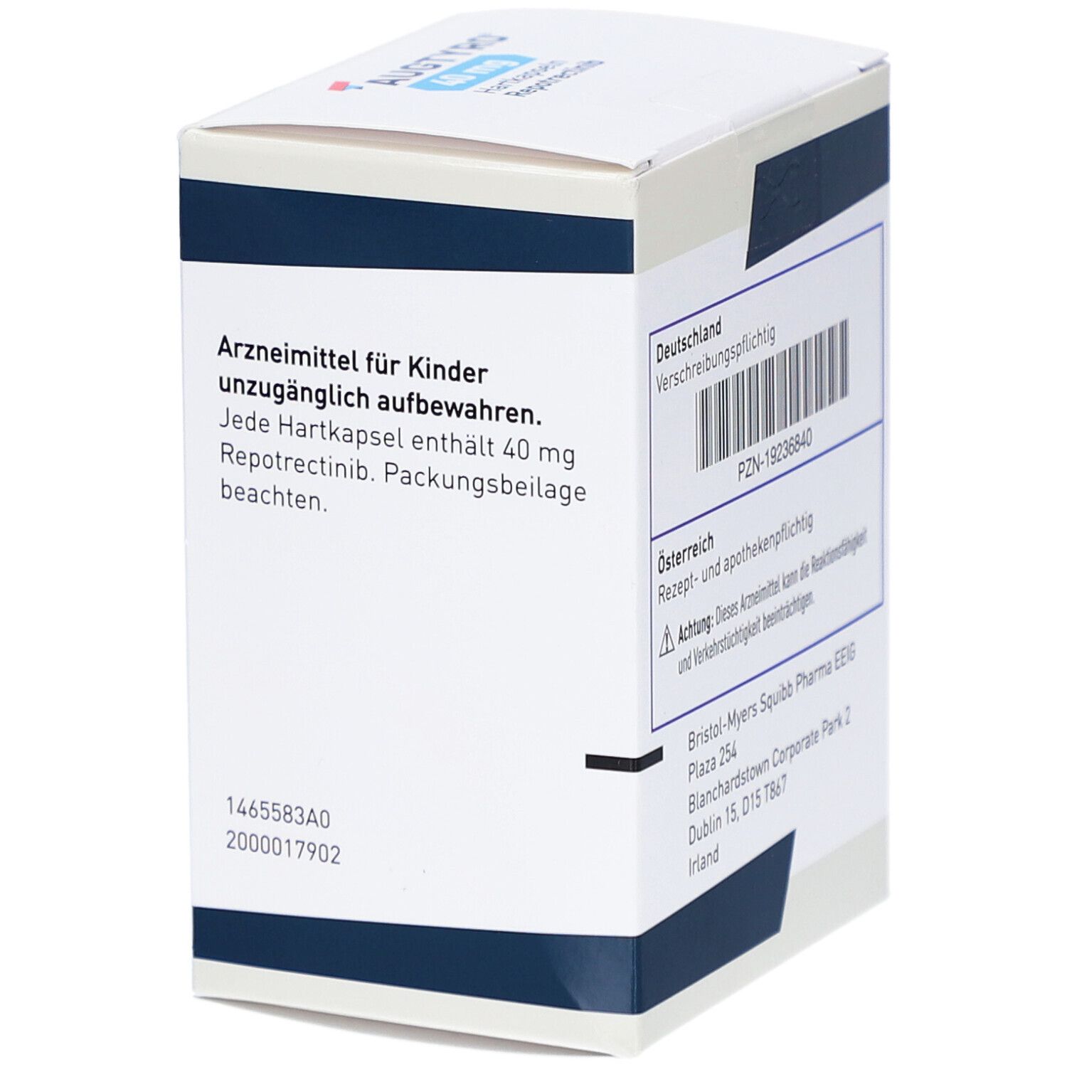 Karton AUGTYRO 40 mg Hartkapseln. Aufschrift: Arzneimittel für Kinder unzugänglich aufbewahren, Bristol Myers Squibb. Blaue und rote Akzente.