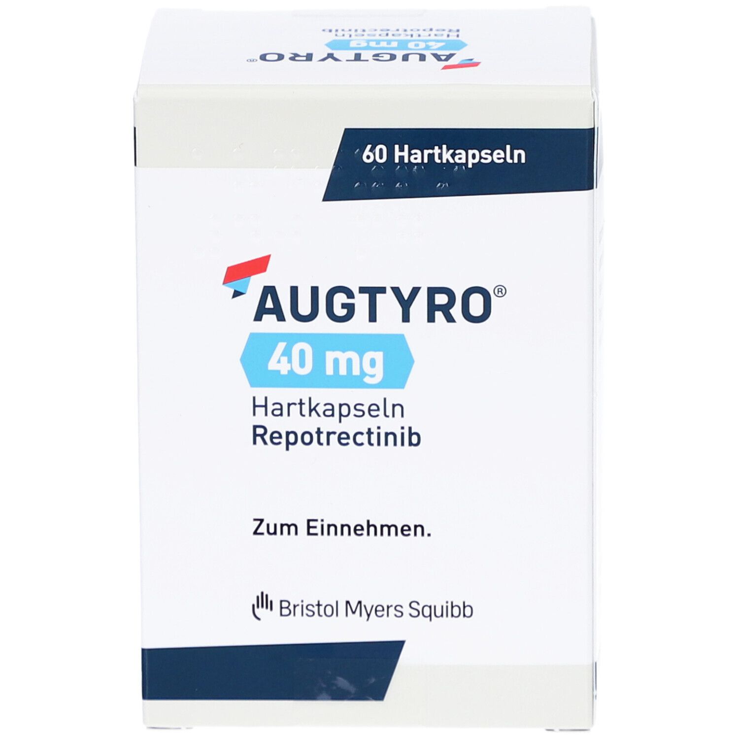 Karton AUGTYRO 40 mg Hartkapseln. Aufschrift: 60 Hartkapseln, Bristol Myers Squibb. Blaue und rote Akzente.