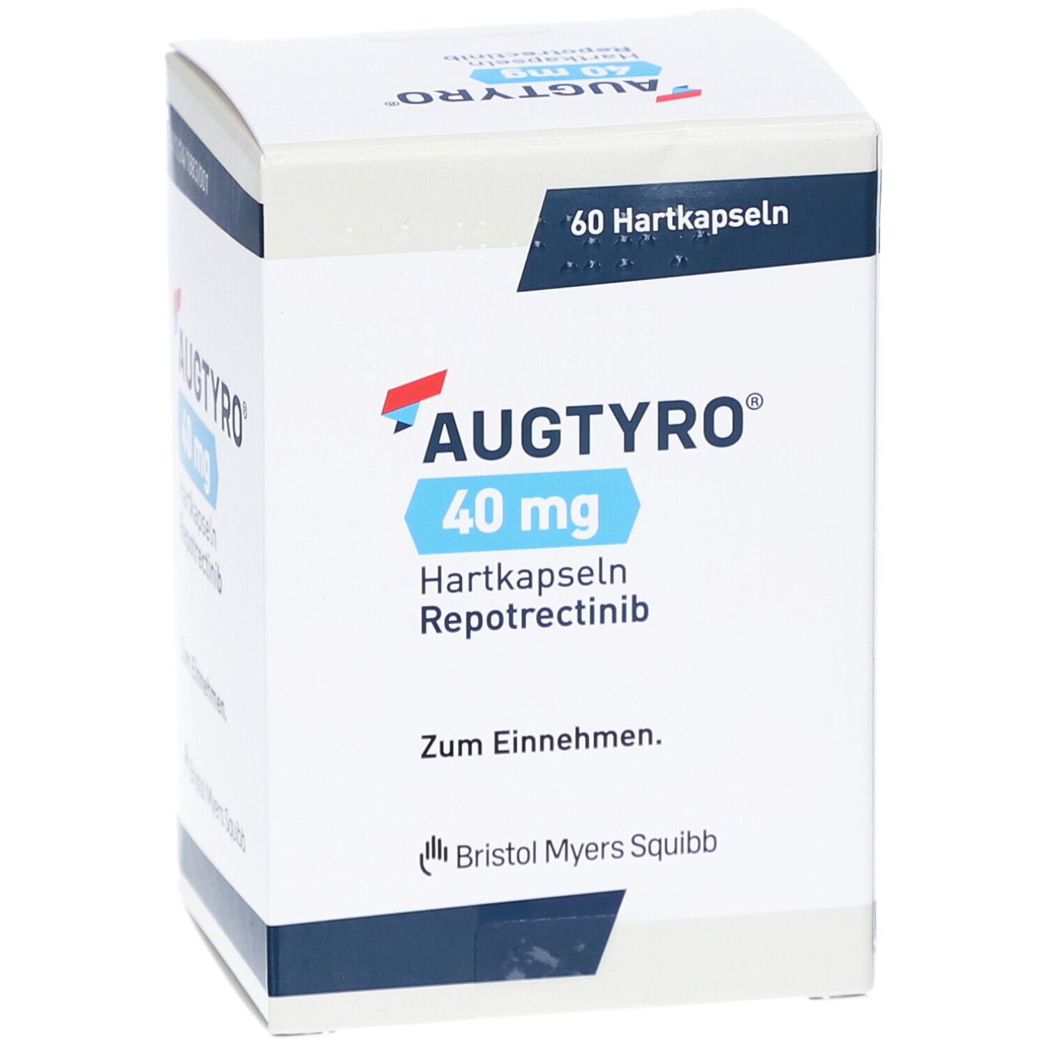 Karton AUGTYRO 40 mg Hartkapseln. Aufschrift: 60 Hartkapseln, Bristol Myers Squibb. Blaue und rote Akzente.
