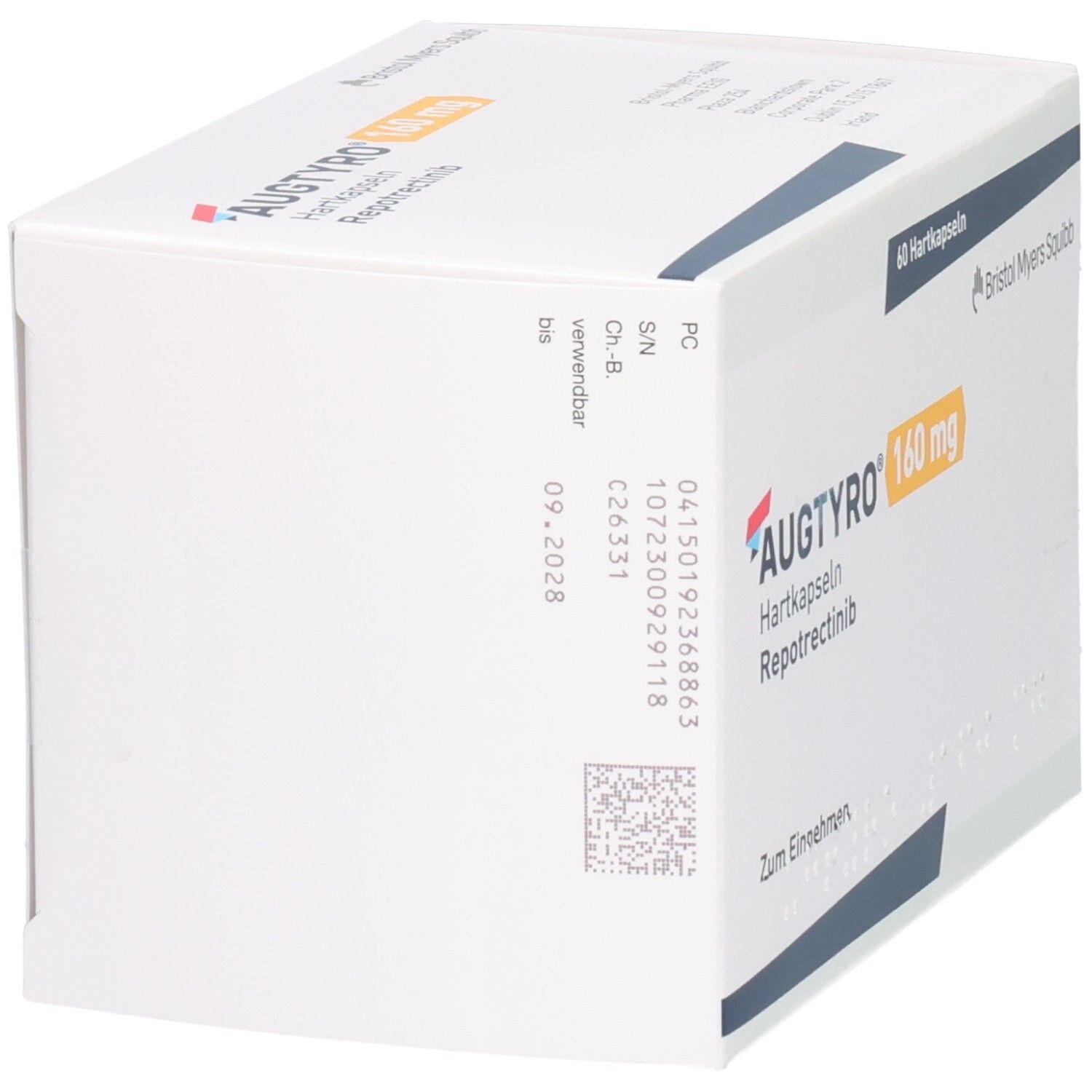 AUGTYRO 160 mg Hartkapseln Repotrectinib Schachtel, Rückseite mit Chargennummer und Verfallsdatum.