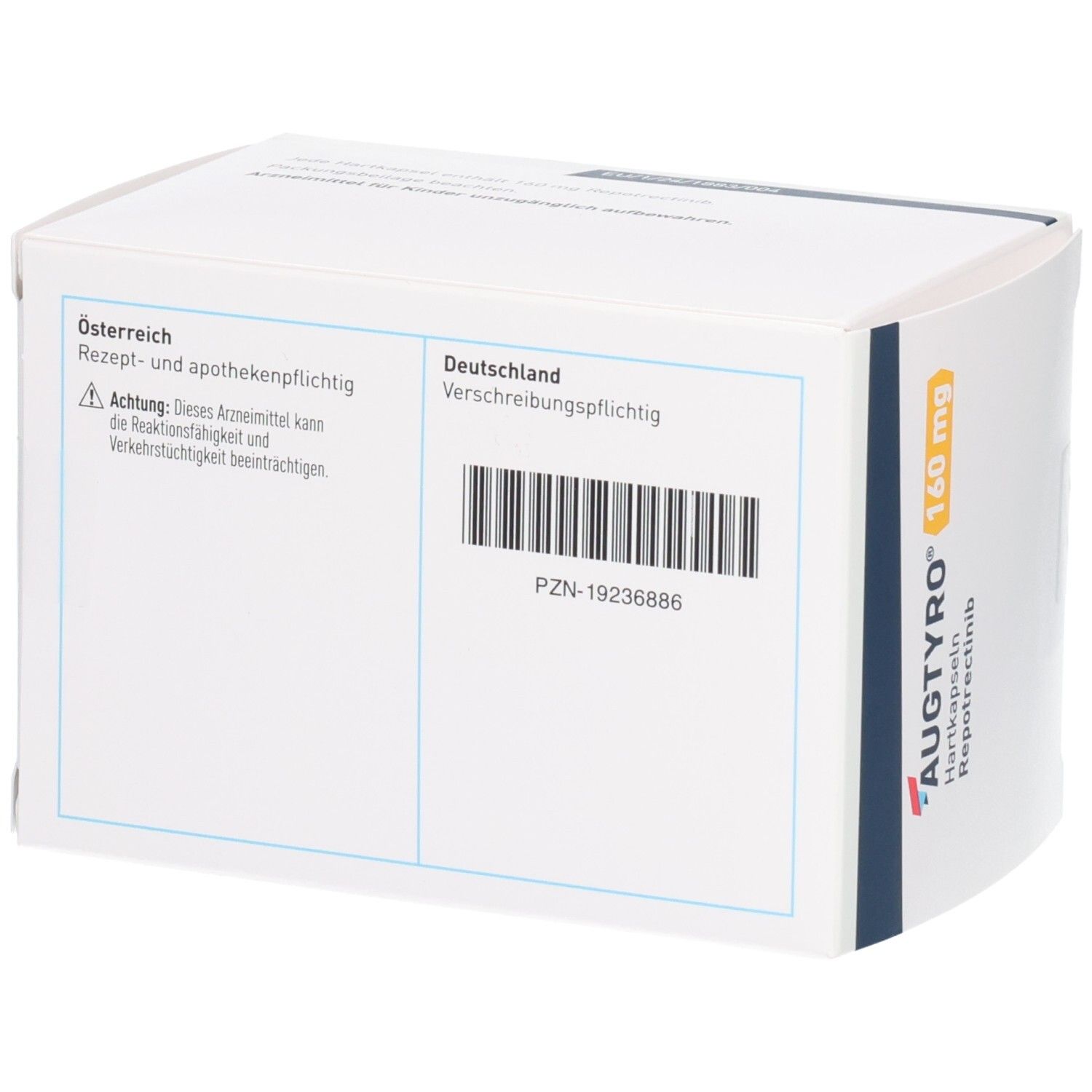 AUGTYRO 160 mg Hartkapseln Repotrectinib Schachtel, Seitenansicht mit PZN und Barcode.
