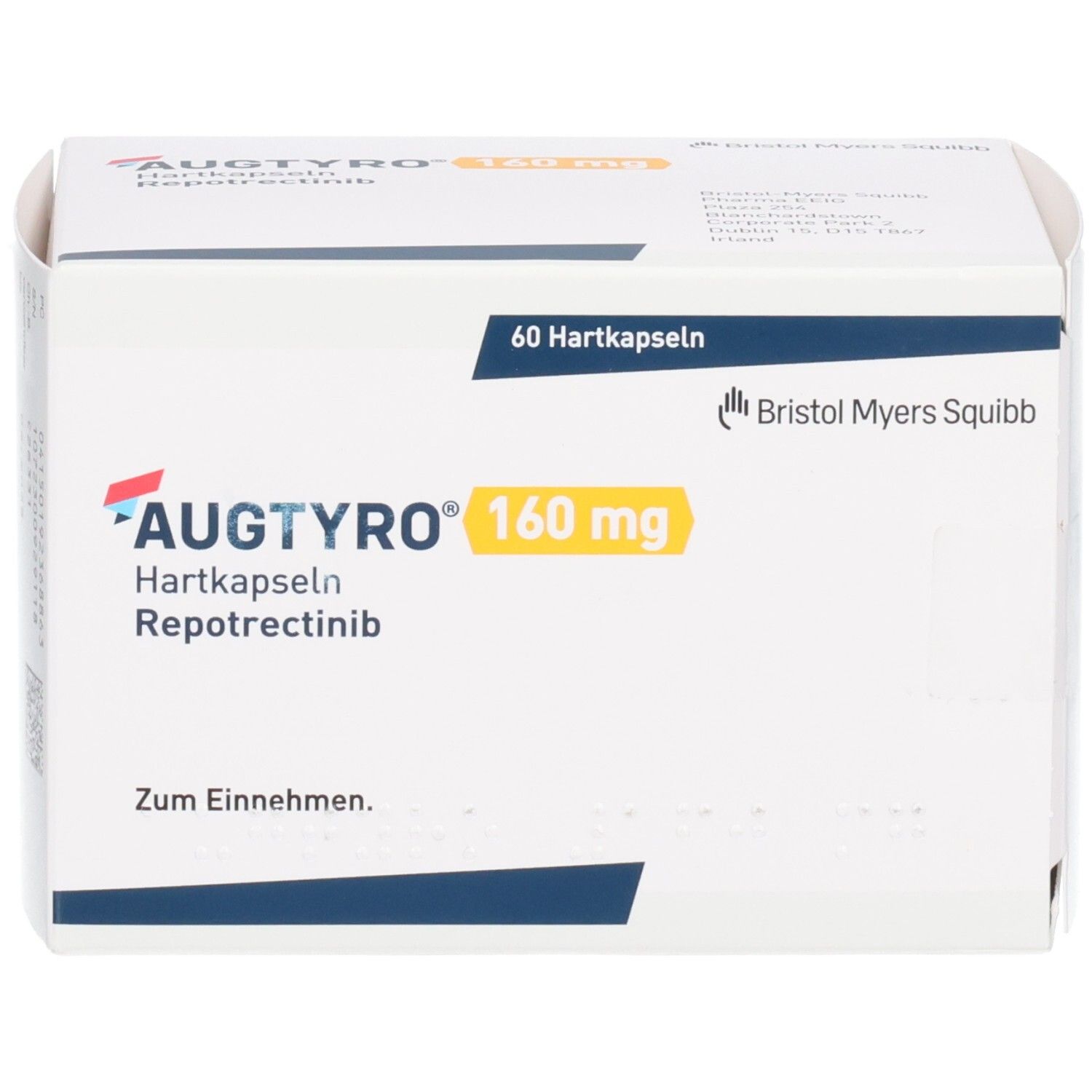 AUGTYRO 160 mg Hartkapseln Repotrectinib Schachtel, Vorderseite mit Dosierungsangabe.