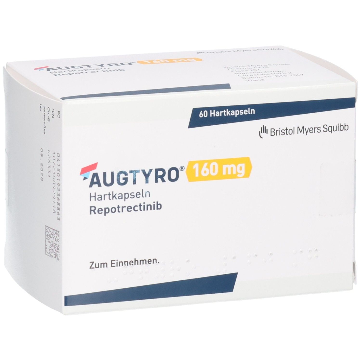 AUGTYRO 160 mg Hartkapseln Repotrectinib Schachtel, Vorderseite mit Herstellerangabe.