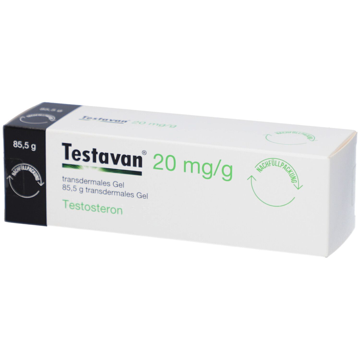 Weiße Schachtel mit Produktinformationen. Aufschrift: Testavan 20 mg/g, 85,5 g transdermales Gel.