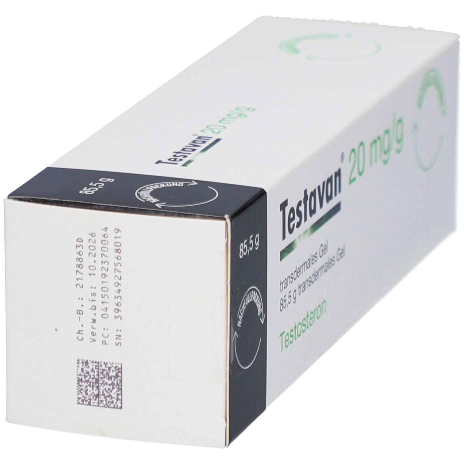 Schachtel mit Produktinformationen. Aufschrift: Testavan 20 mg/g, 85,5 g transdermales Gel. QR-Code.