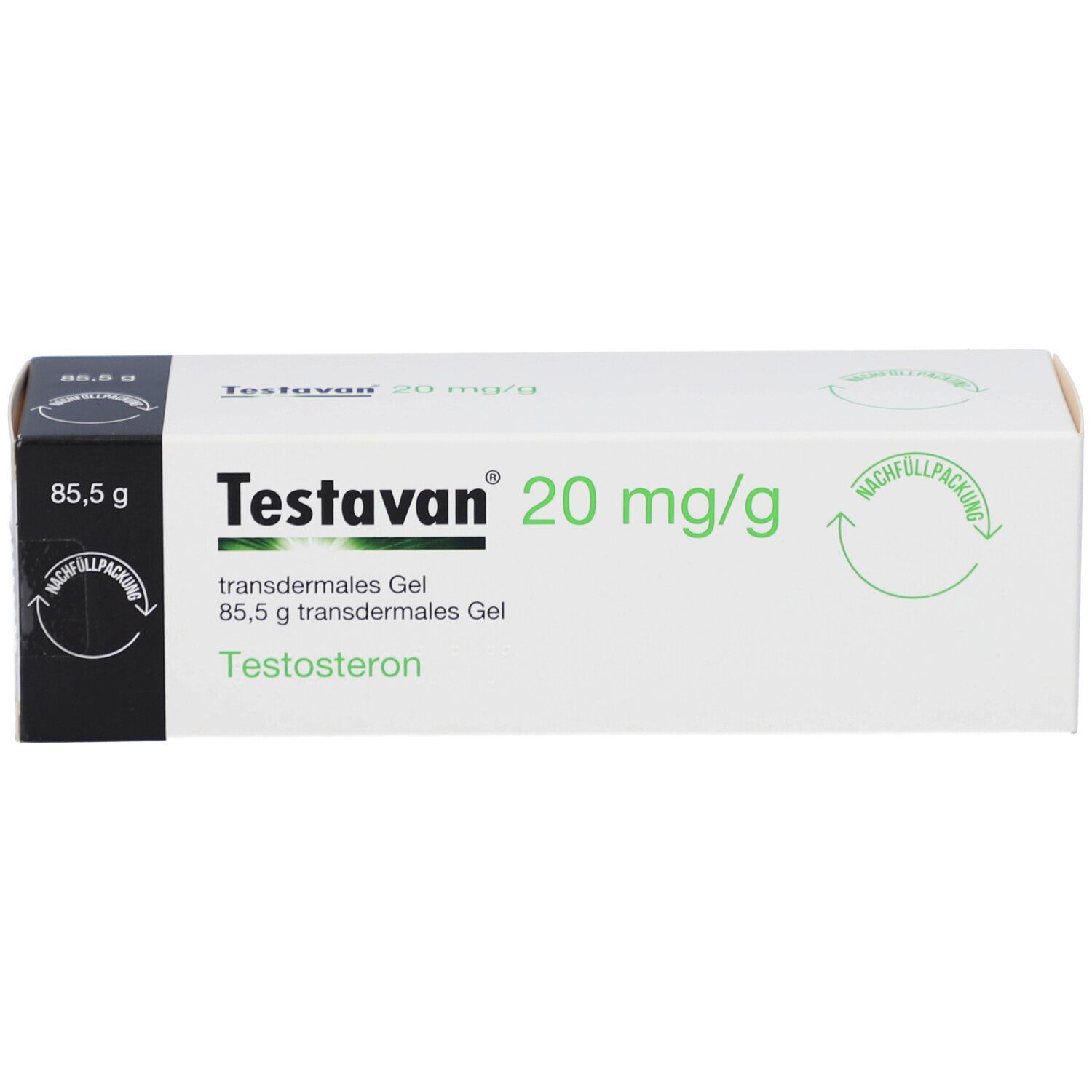Weiße Schachtel mit Produktinformationen. Aufschrift: Testavan 20 mg/g, 85,5 g transdermales Gel.