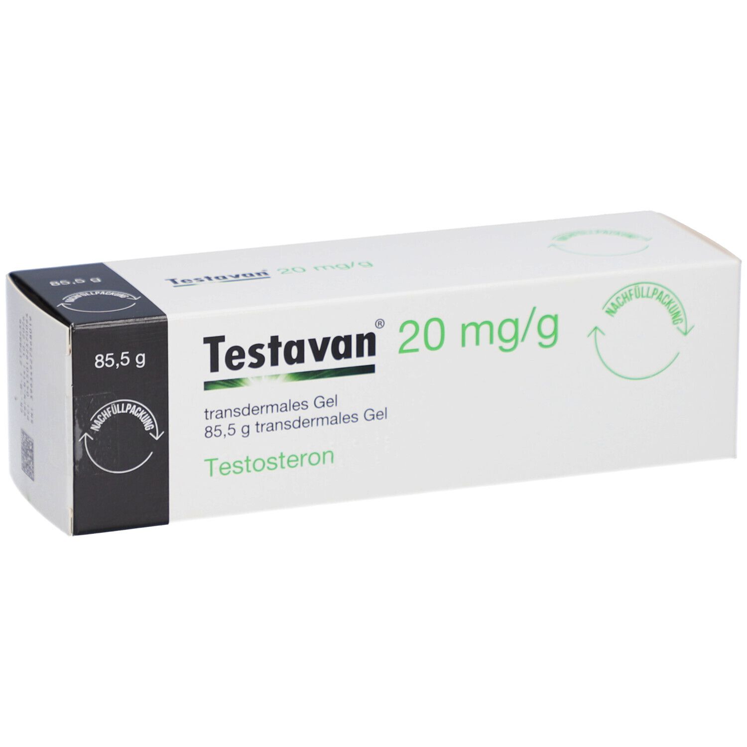 Weiße Schachtel mit Produktinformationen. Aufschrift: Testavan 20 mg/g, 85,5 g transdermales Gel.