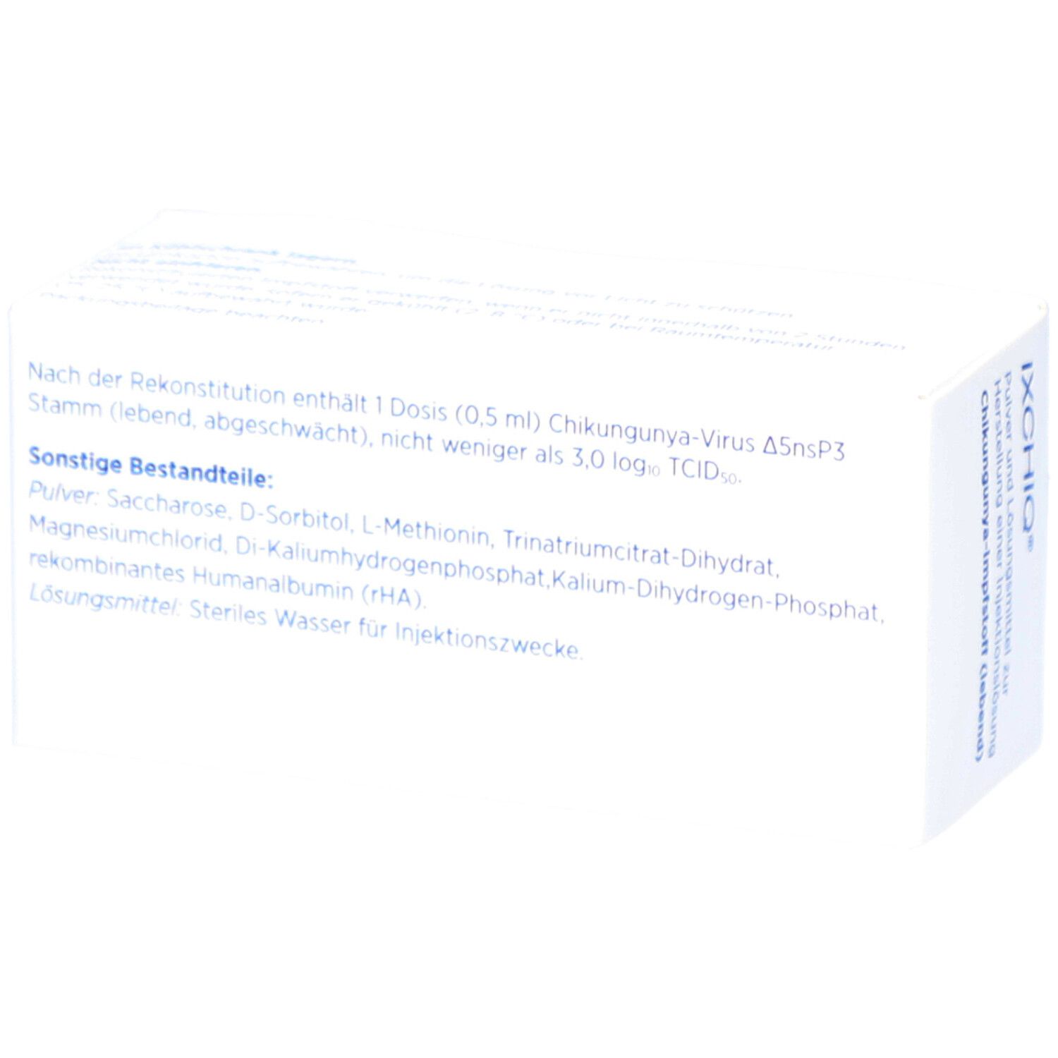 Weiße Schachtel, Rückseite. Text: Zusammensetzung, u.a. Saccharose, D-Sorbitol, L-Methionin, Trinatriumcitrat-Dihydrat.