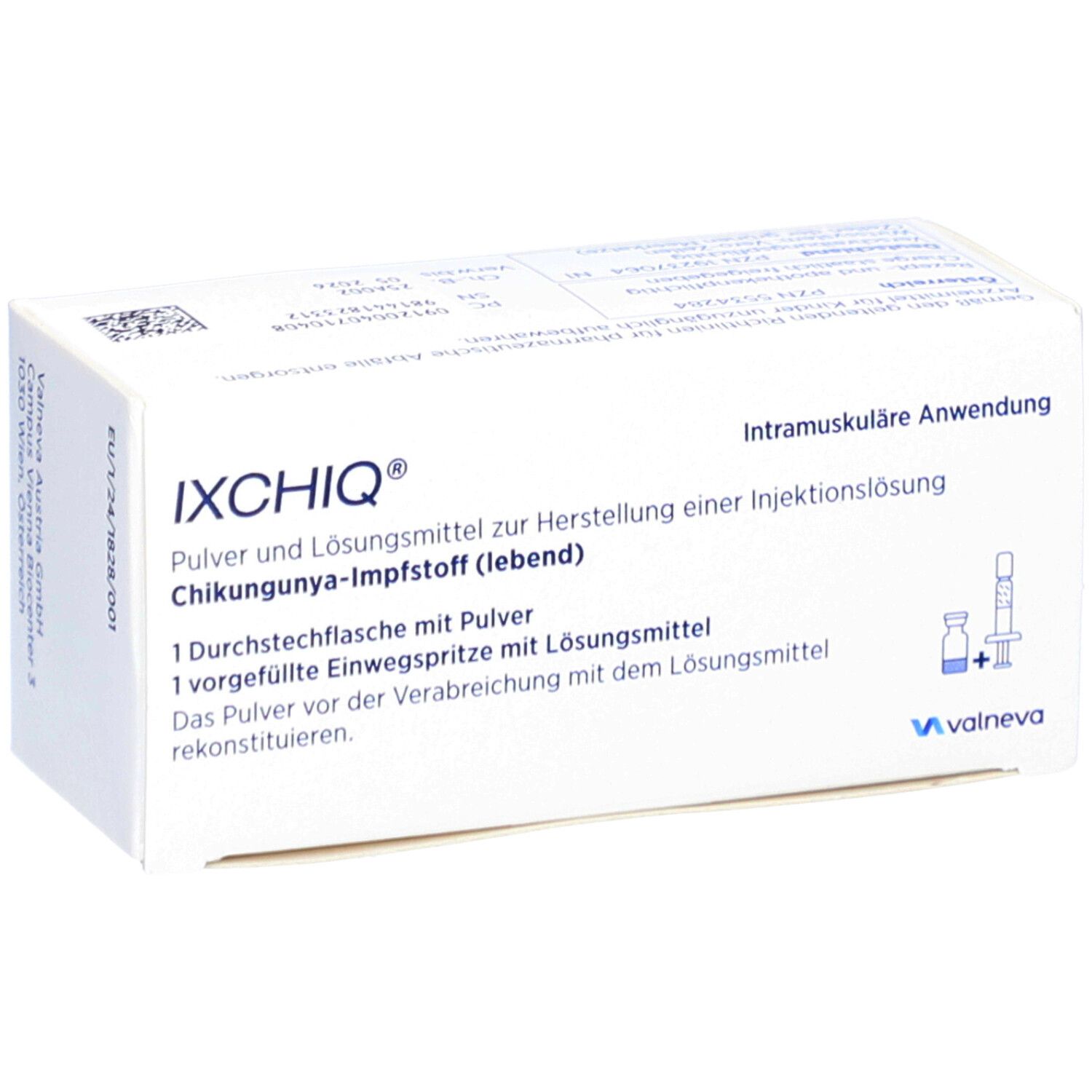 Weiße Schachtel mit IXCHIQ-Logo. Enthält Pulver und Lösungsmittel zur Herstellung einer Injektionslösung. Abbildung einer Spritze.