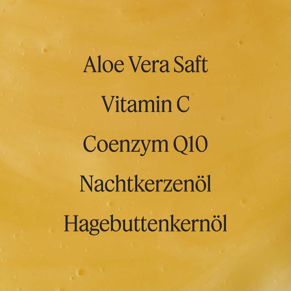Gelber Hintergrund mit Text. Text: Aloe Vera Saft, Vitamin C, Coenzym Q10, Nachtkerzenöl, Hagebuttenkernöl.