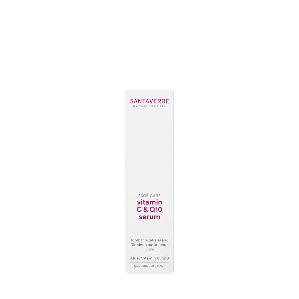 Weißes Serumfläschchen mit rosa Schrift. Beschriftung: SANTAVERDE, Vitamin C & Q10 serum. Gesichtspflege.