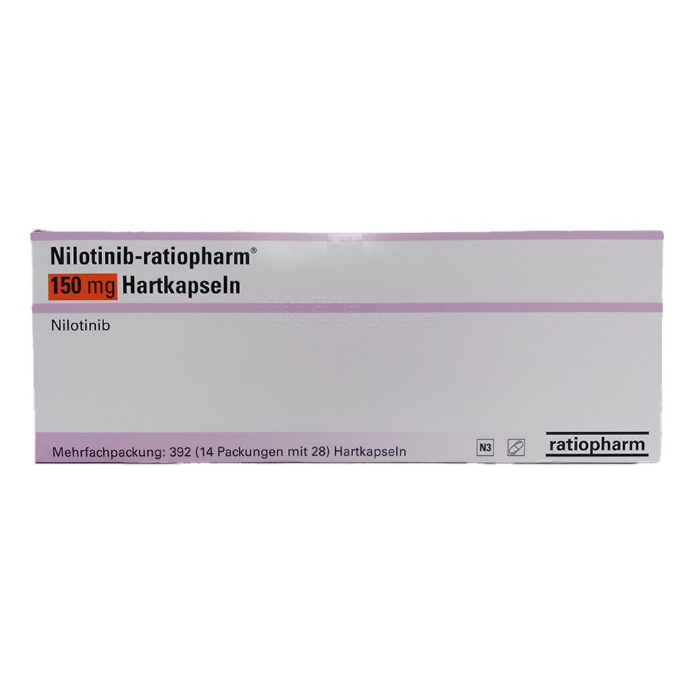 Weiße Arzneimittelverpackung. Aufschrift: Nilotinib-ratiopharm 150 mg Hartkapseln. Mehrfachpackung: 392 (14 Packungen mit 28) Hartkapseln.
