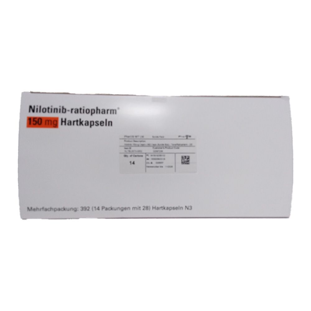 Weiße Arzneimittelverpackung. Aufschrift: Nilotinib-ratiopharm 150 mg Hartkapseln. Mehrfachpackung: 392 (14 Packungen mit 28) Hartkapseln. Mit Text und Barcode.