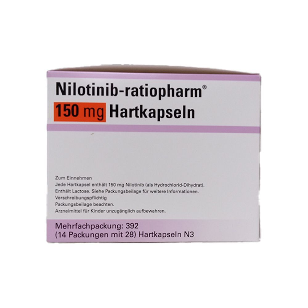 Arzneimittelverpackung. Aufschrift: Nilotinib-ratiopharm 150 mg Hartkapseln. Mehrfachpackung: 392 (14 Packungen mit 28) Hartkapseln. Mit Text.