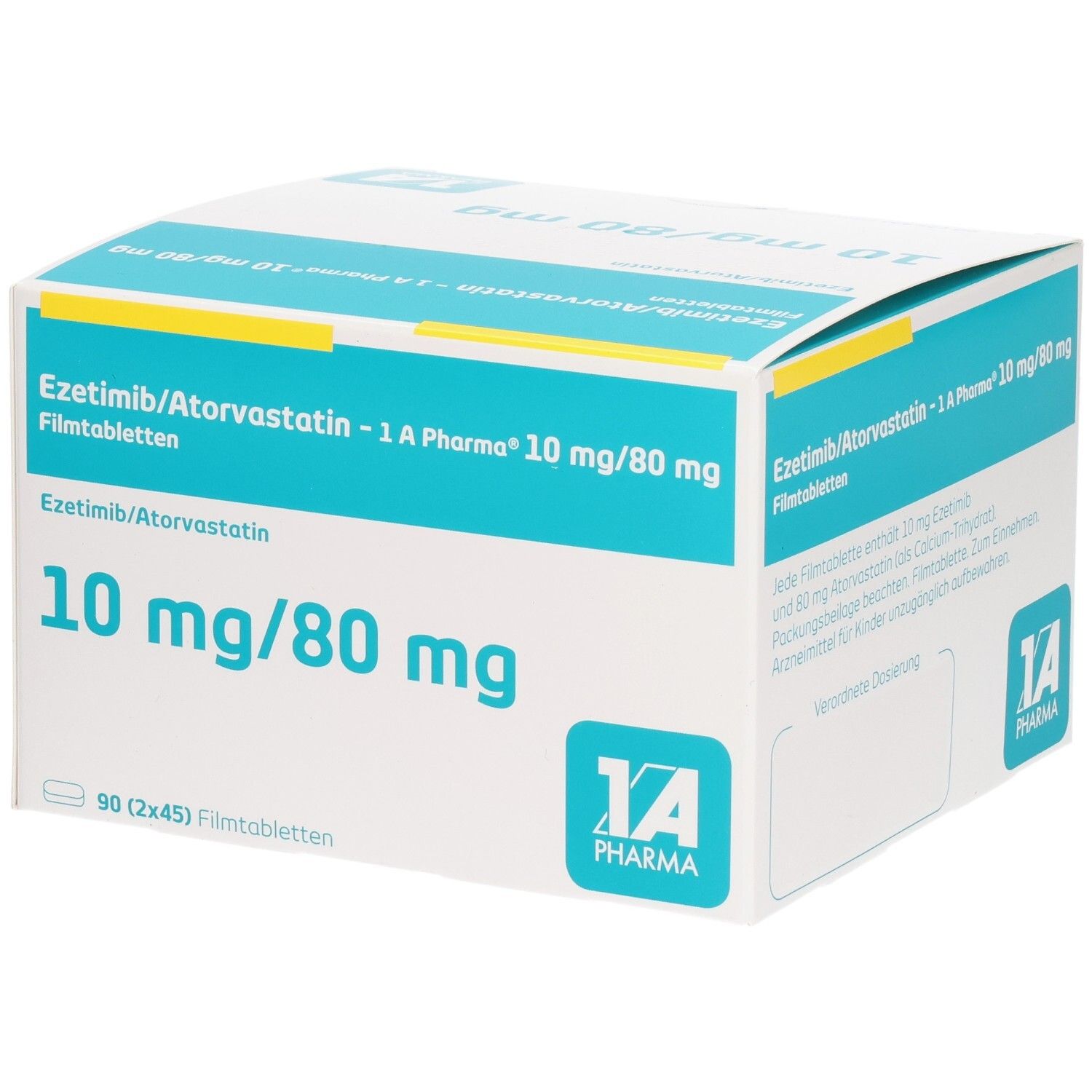 Schachtel mit EZETIMIB/Atorvastatin-1A Pharma 10 mg/80 mg Filmtabletten. Aufschrift: 10 mg/80 mg. Logo 1A Pharma. 90 Filmtabletten.