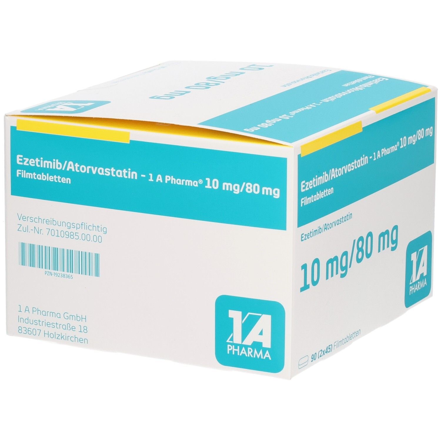 Schachtel mit EZETIMIB/Atorvastatin-1A Pharma 10 mg/80 mg Filmtabletten. Aufschrift: 10 mg/80 mg. Logo 1A Pharma. Barcode und weitere Informationen.