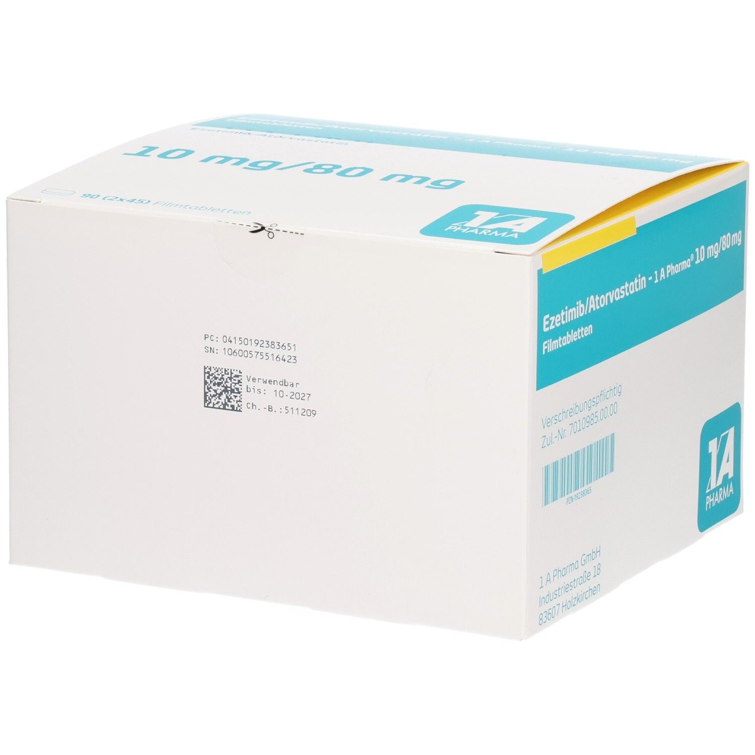 Schachtel mit EZETIMIB/Atorvastatin-1A Pharma 10 mg/80 mg Filmtabletten. Aufschrift: 10 mg/80 mg. Logo 1A Pharma. Rückseite mit Informationen.