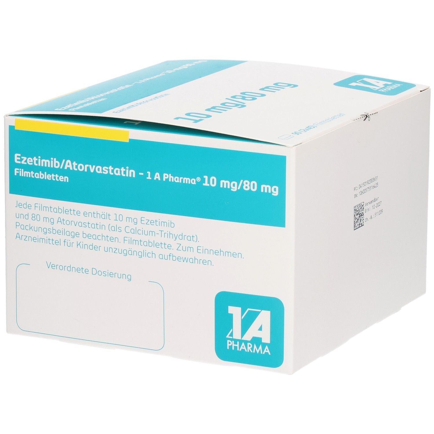 Schachtel mit EZETIMIB/Atorvastatin-1A Pharma 10 mg/80 mg Filmtabletten. Aufschrift: 10 mg/80 mg. Logo 1A Pharma. Textliche Informationen.