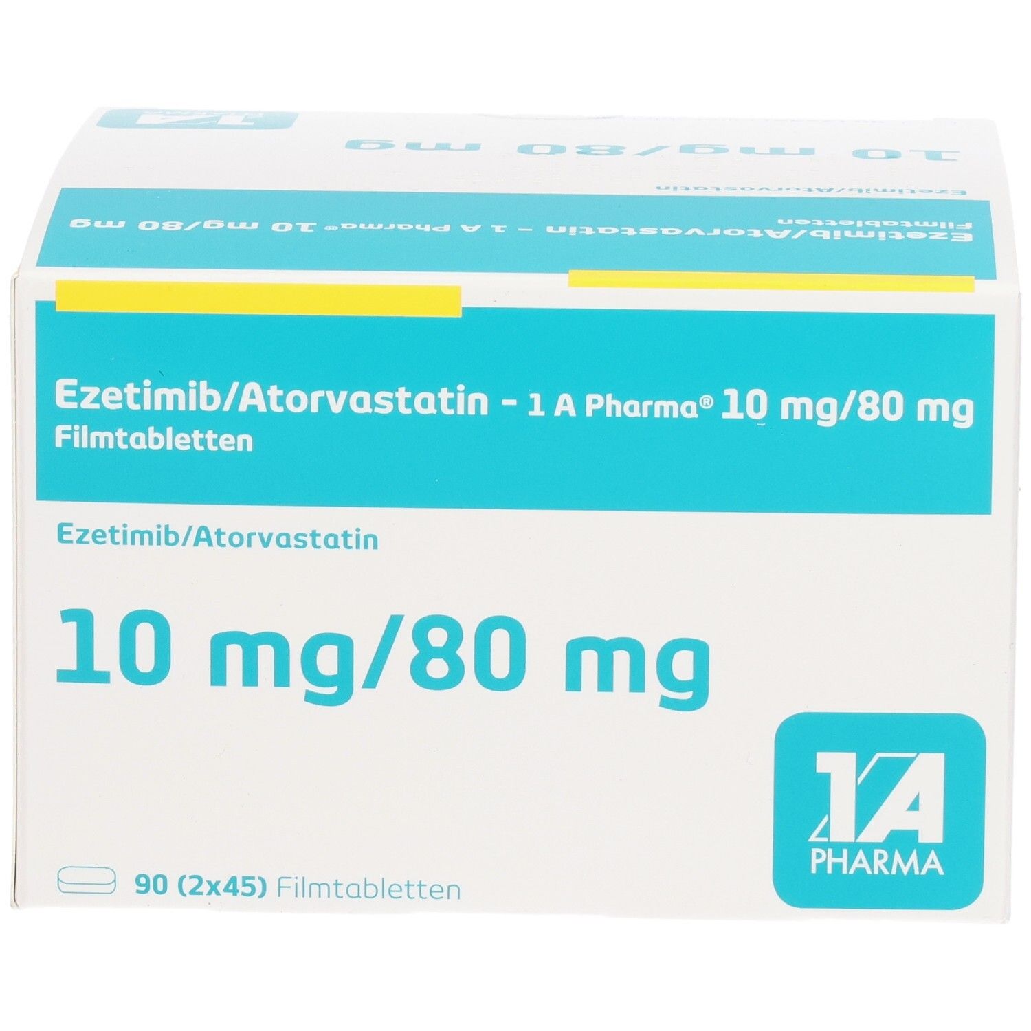 Schachtel mit EZETIMIB/Atorvastatin-1A Pharma 10 mg/80 mg Filmtabletten. Aufschrift: 10 mg/80 mg. Logo 1A Pharma. 90 Filmtabletten.