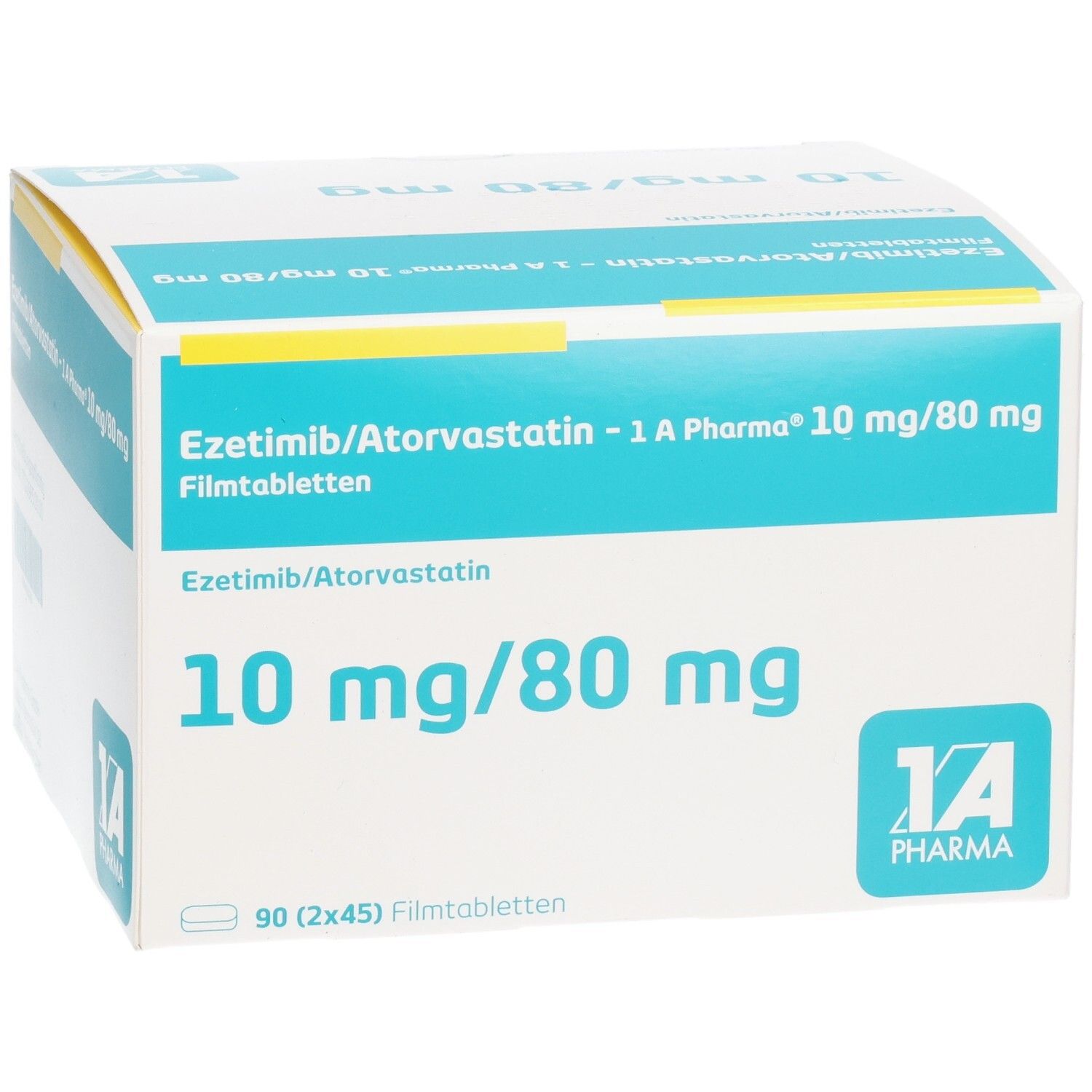 Schachtel mit EZETIMIB/Atorvastatin-1A Pharma 10 mg/80 mg Filmtabletten. Aufschrift: 10 mg/80 mg. Logo 1A Pharma. 90 Filmtabletten.