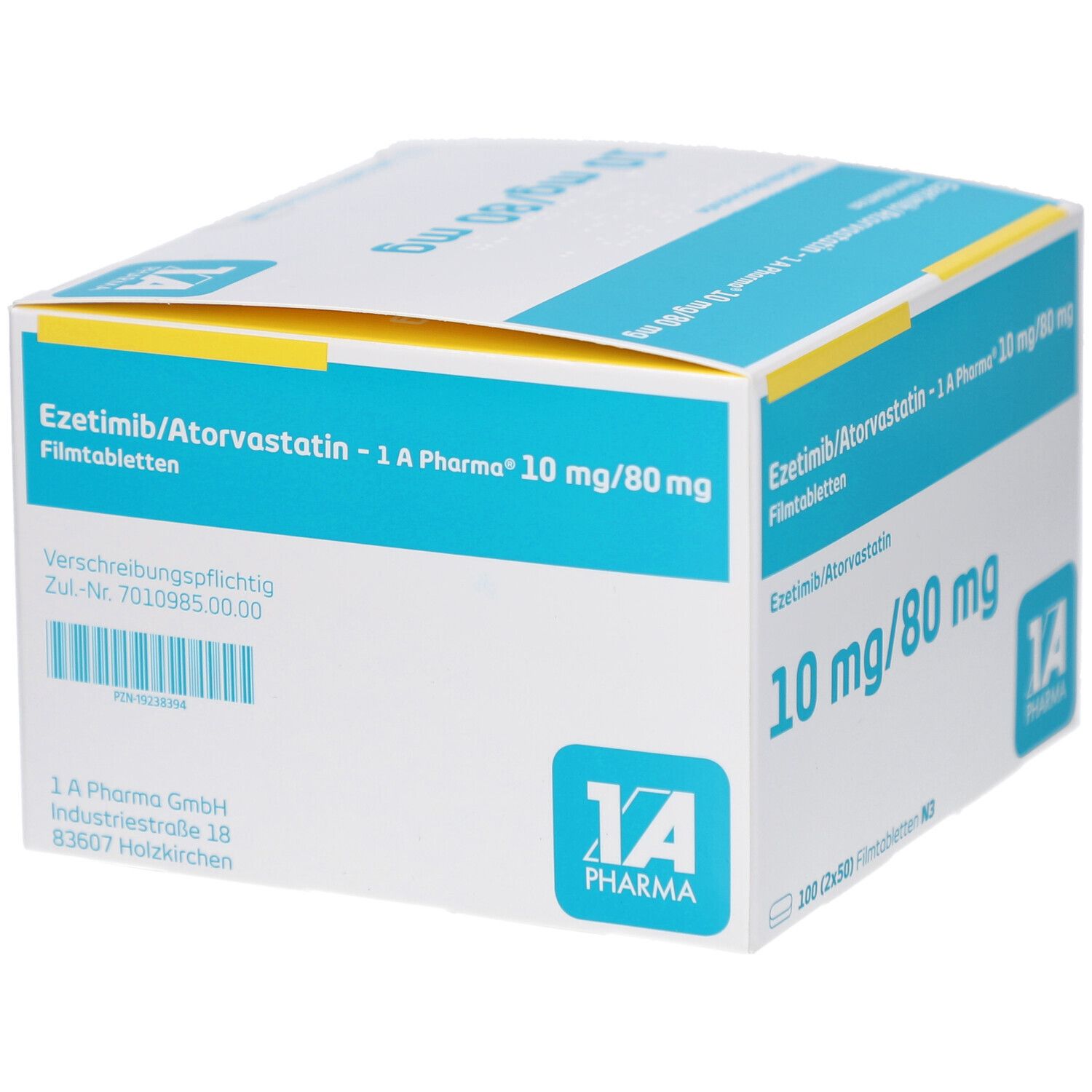 Schachtel mit EZETIMIB/Atorvastatin-1A Pharma 10 mg/80 mg Filmtabletten. Mehrere Seiten der Verpackung sichtbar.