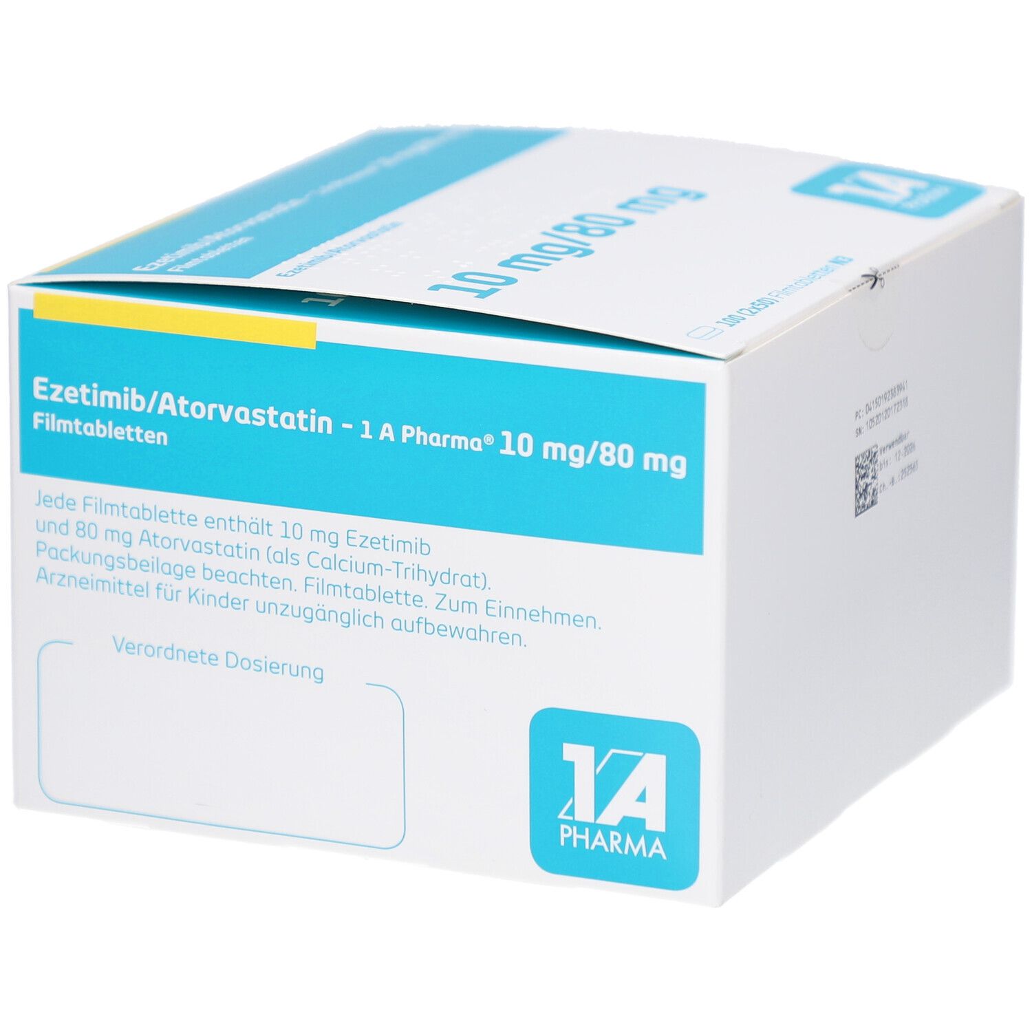 Schachtel mit EZETIMIB/Atorvastatin-1A Pharma 10 mg/80 mg Filmtabletten. Detailansicht mit Text.
