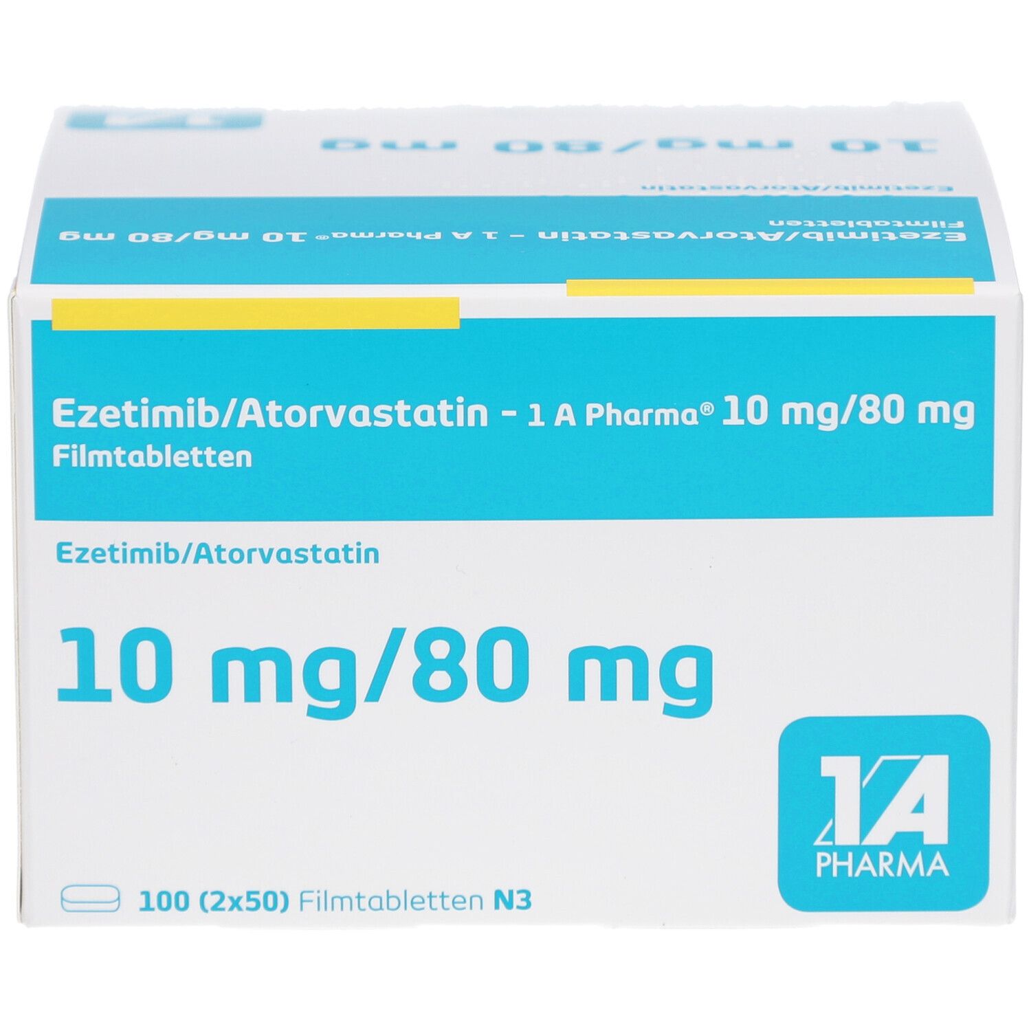 Schachtel mit EZETIMIB/Atorvastatin-1A Pharma 10 mg/80 mg Filmtabletten. Vorderansicht der Verpackung.