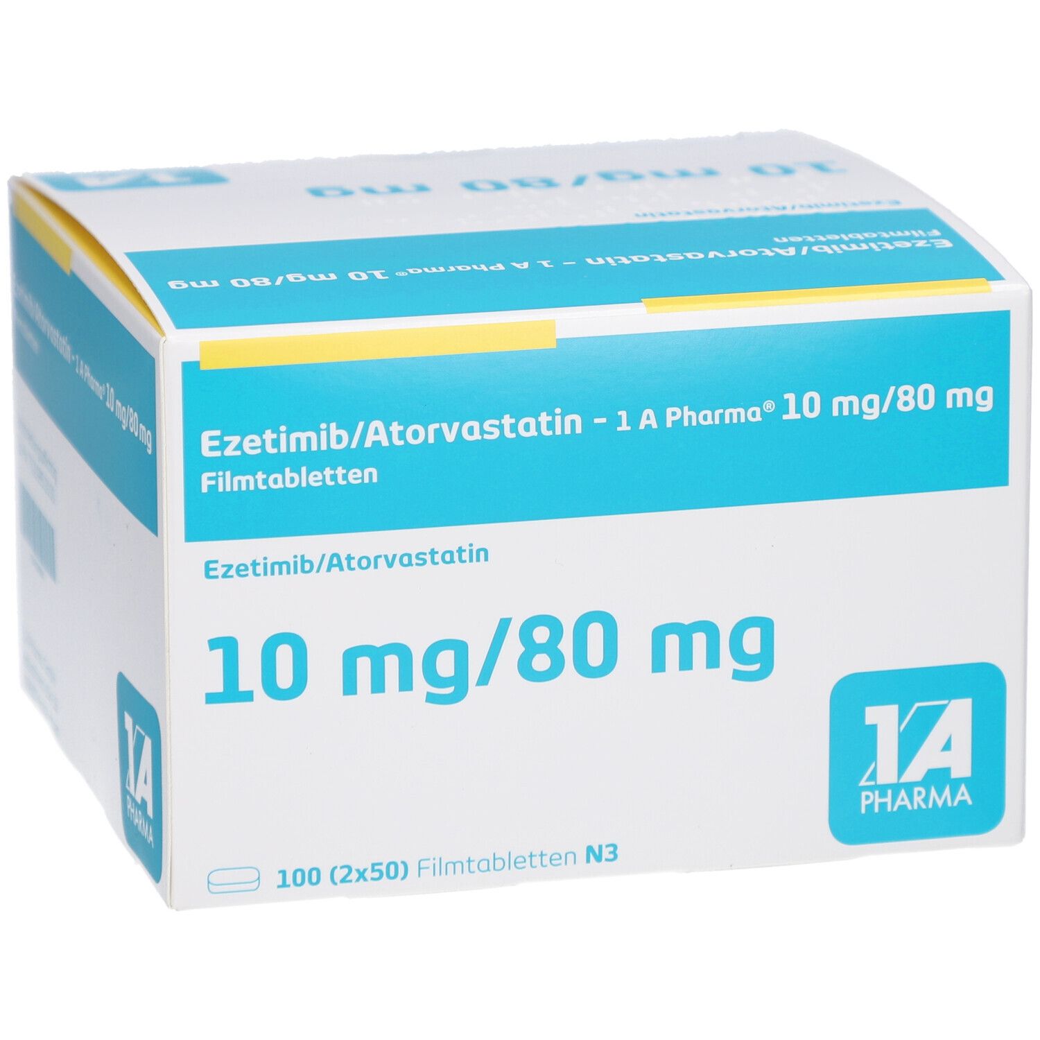 Schachtel mit EZETIMIB/Atorvastatin-1A Pharma 10 mg/80 mg Filmtabletten. Perspektivische Ansicht der Verpackung.