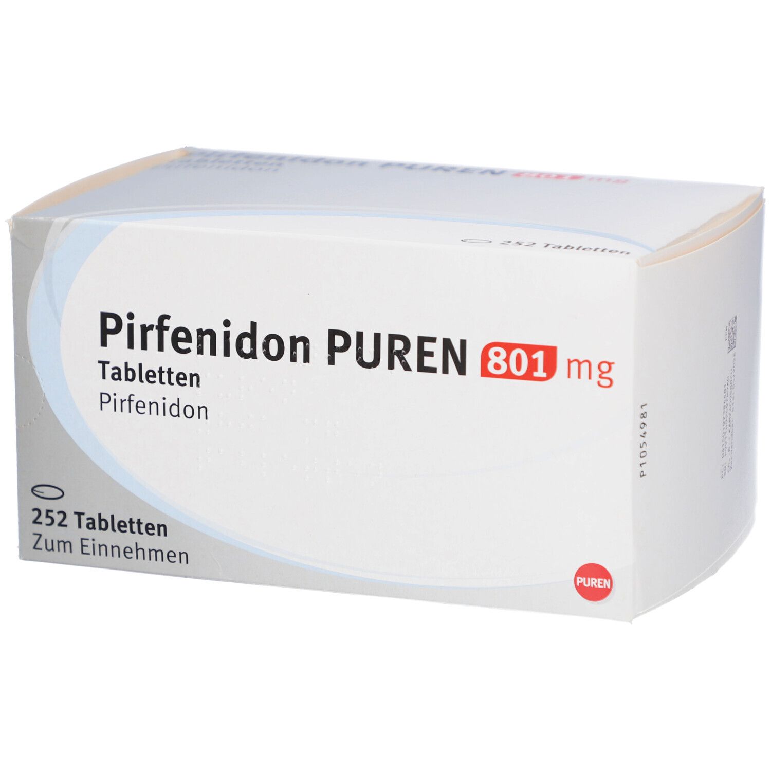 PIRFENIDON PUREN 801 mg Tabletten, Packung. 252 Tabletten. Weiße Schachtel mit roter und schwarzer Schrift.