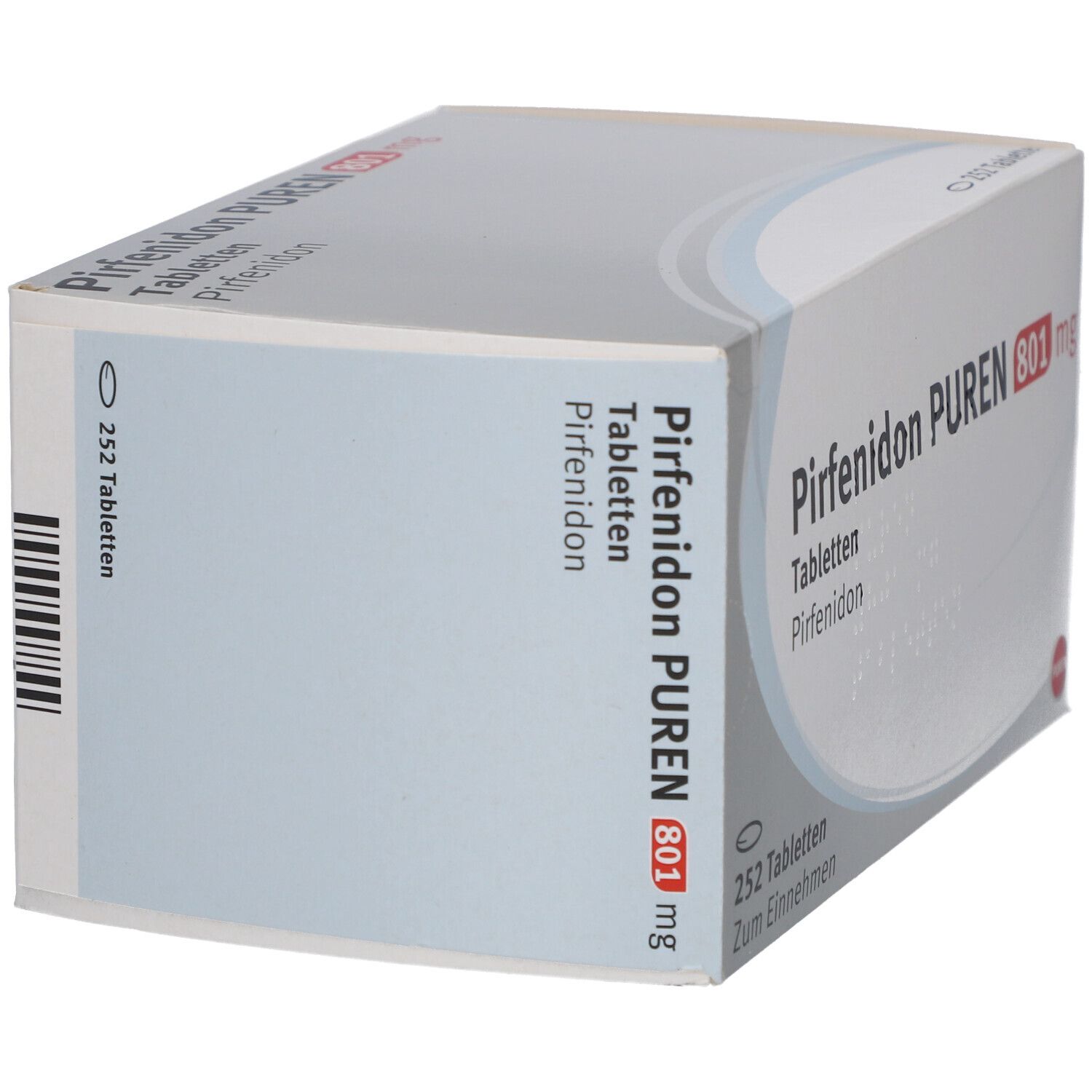 PIRFENIDON PUREN 801 mg Tabletten, Packung. 252 Tabletten. Weiße Schachtel mit roter und schwarzer Schrift.