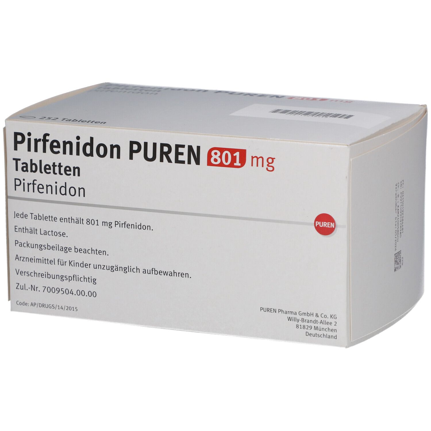 PIRFENIDON PUREN 801 mg Tabletten, Packung. 252 Tabletten. Weiße Schachtel mit roter und schwarzer Schrift.
