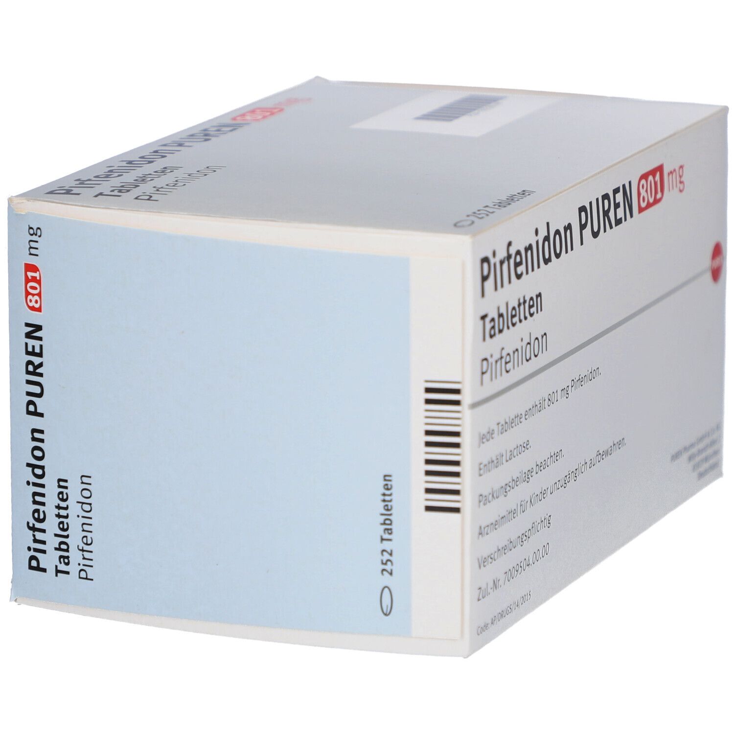 PIRFENIDON PUREN 801 mg Tabletten, Packung. 252 Tabletten. Weiße Schachtel mit roter und schwarzer Schrift.