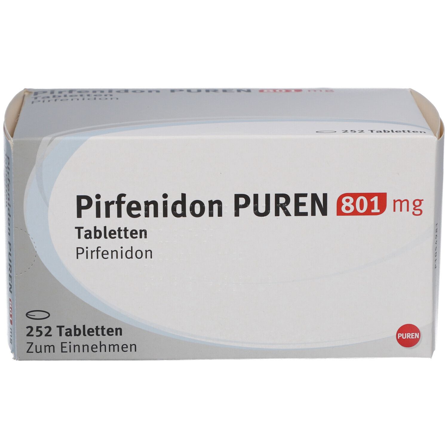 PIRFENIDON PUREN 801 mg Tabletten, Packung. 252 Tabletten. Weiße Schachtel mit roter und schwarzer Schrift.
