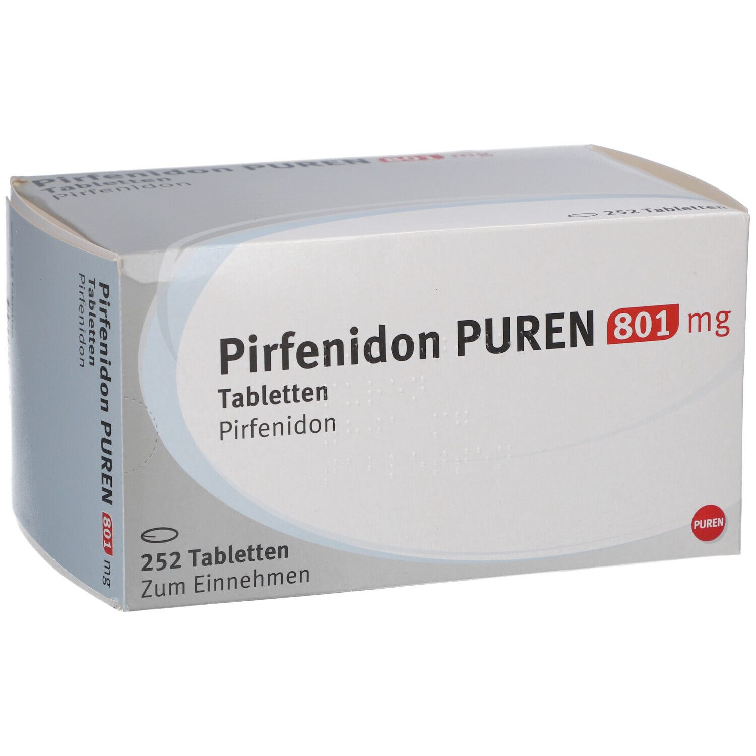 PIRFENIDON PUREN 801 mg Tabletten, Packung. 252 Tabletten. Weiße Schachtel mit roter und schwarzer Schrift.
