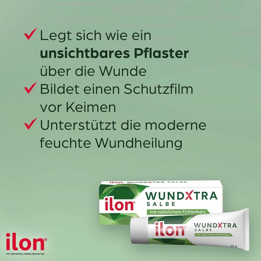 Produkt und Verpackung ilon® WUNDXTRA Salbe. Text: Legt sich wie ein unsichtbares Pflaster über die Wunde. Bildet Schutzfilm.