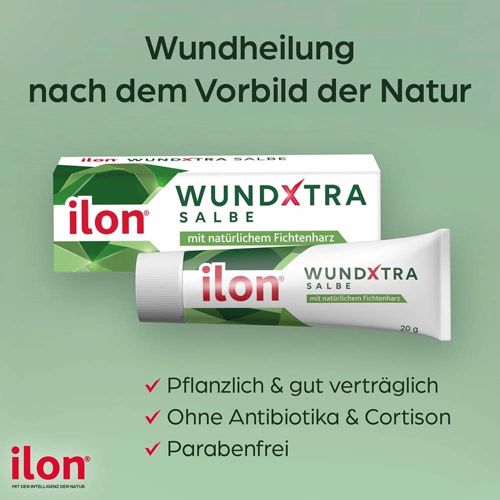 Produkt und Verpackung ilon® WUNDXTRA Salbe. Text: Wundheilung nach dem Vorbild der Natur. Ohne Antibiotika & Cortison.
