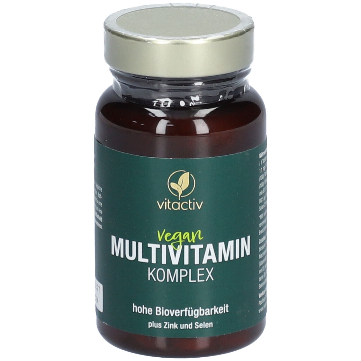 Braune Glasflasche mit grünem Etikett. Aufschrift: Vegan Multivitamin Komplex. Mit Zink und Selen.