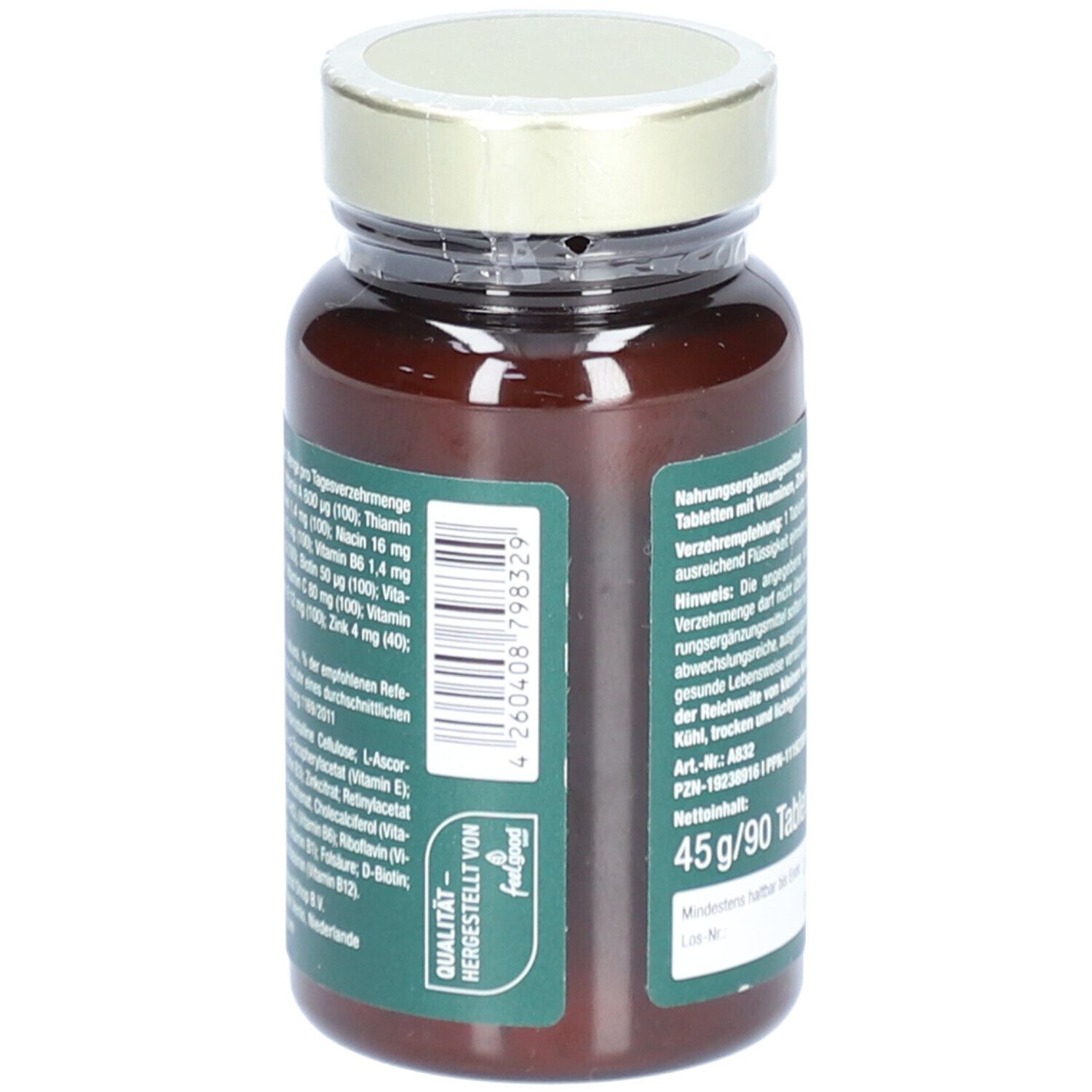 Rückseite der Flasche. Text: Nährwertangaben, Verzehrempfehlung, Hinweise. Barcode. Qualitätssiegel.